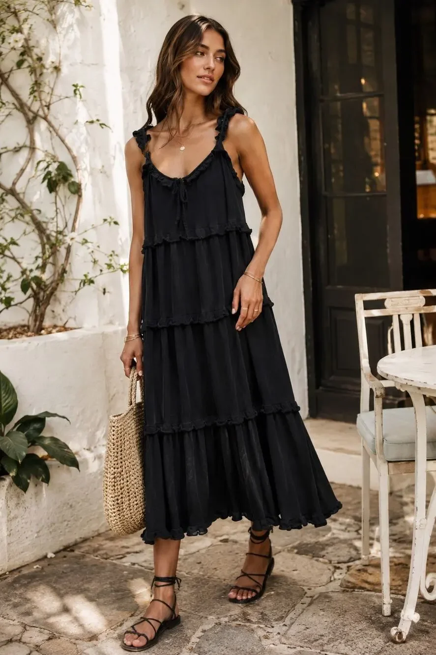 J. Crew Classic Minimalist Black Cotton Ruffle Tiered Mid Dress Size XL